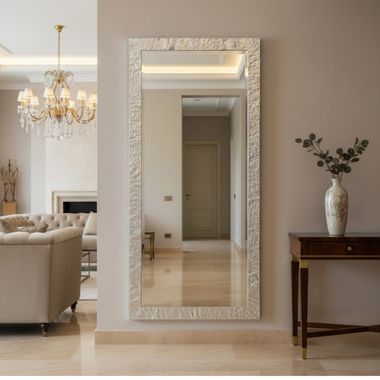 Grand miroir mural 75 x 175 cm, feuille d'argent, fabriqué en Italie