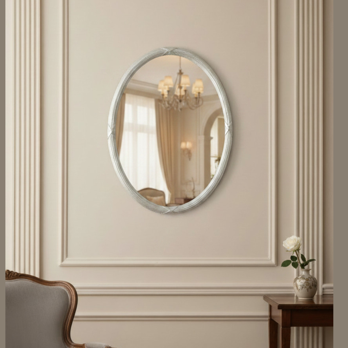 Gold mirror silver wooden frame oval shape cm. 56x76
