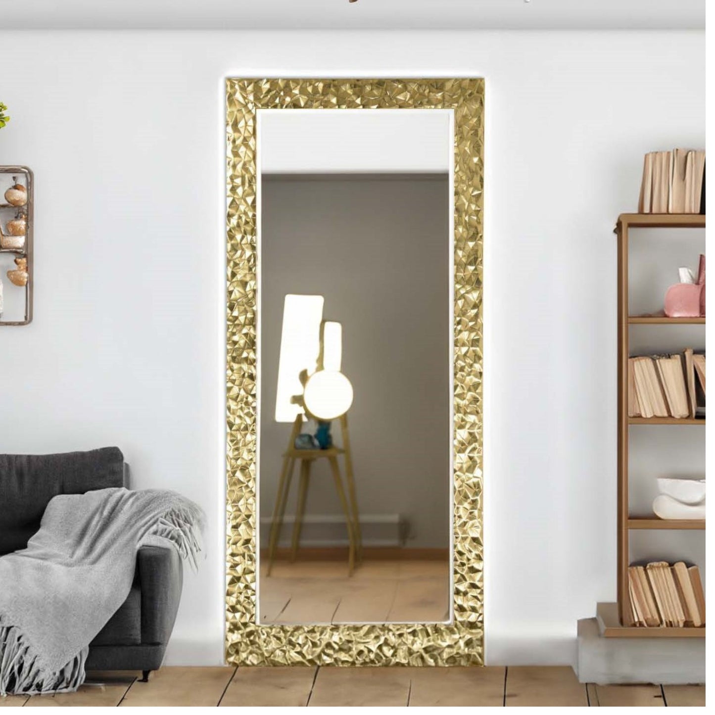 Grand miroir mural moderne à la feuille d'or 77x177, fabriqué en Italie