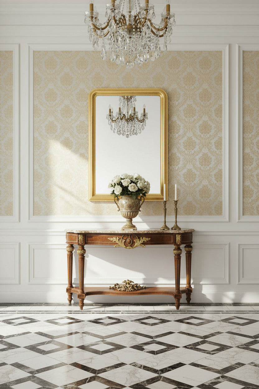Miroir mural classique MO.WA à la feuille d'or, cadre en bois 92 x 137 cm, fabriqué en Italie
