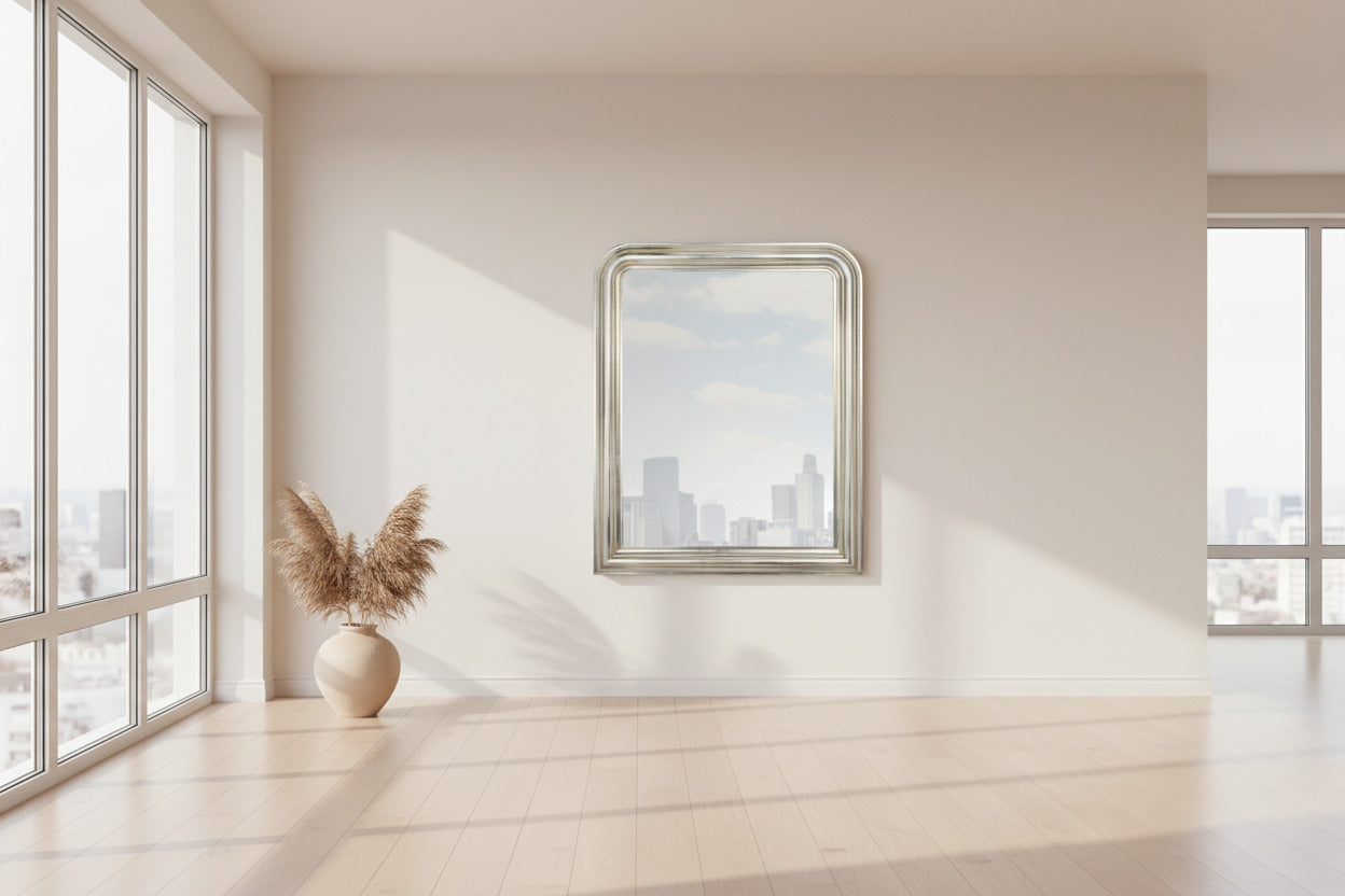 MO.WA Specchio da parete grande foglia argento antico in legno classico 83x111, Made in Italy #70