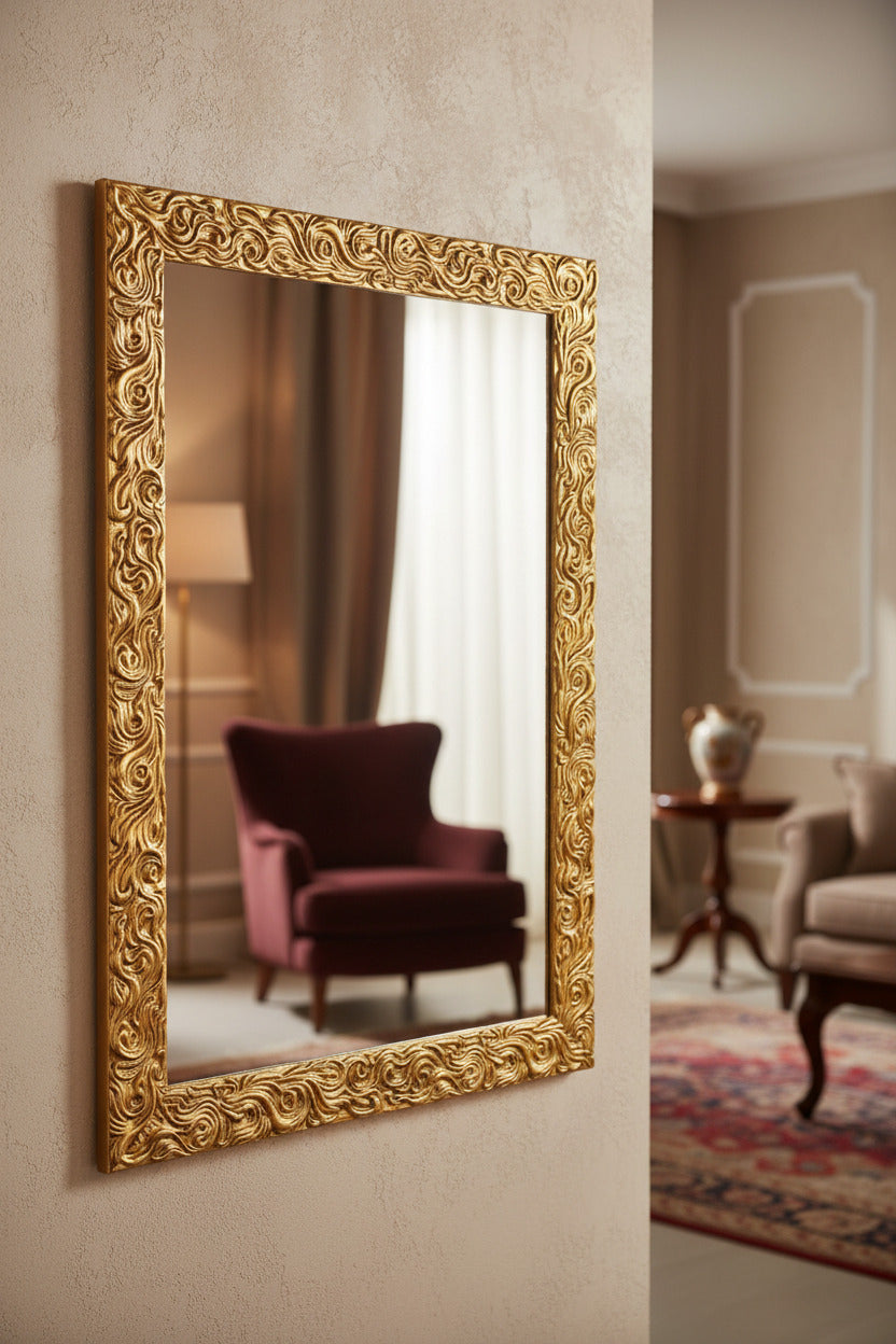 Specchio da parete oro 50x70 ornice in legno, made in Italy