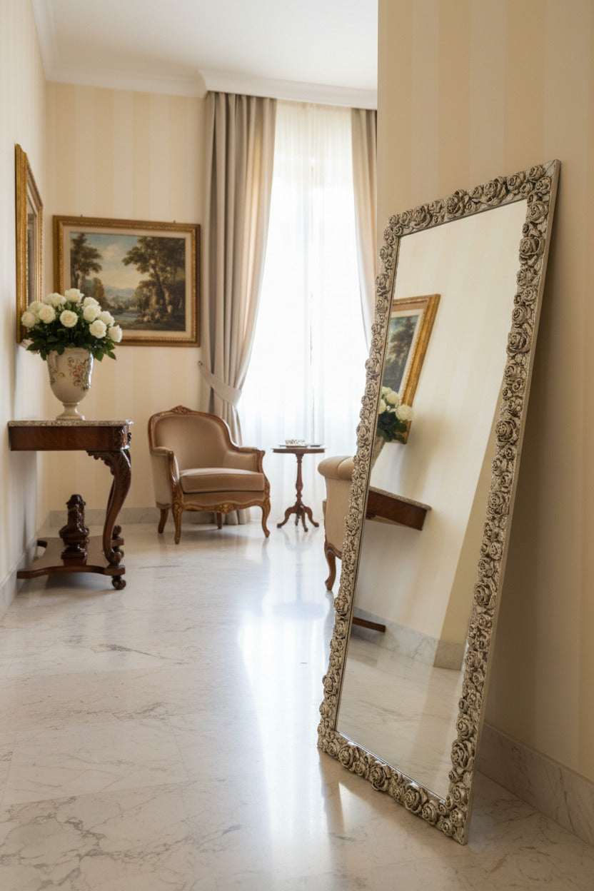 Specchio da Parete classico, made in Italy, 62x162 foglia argento #rose