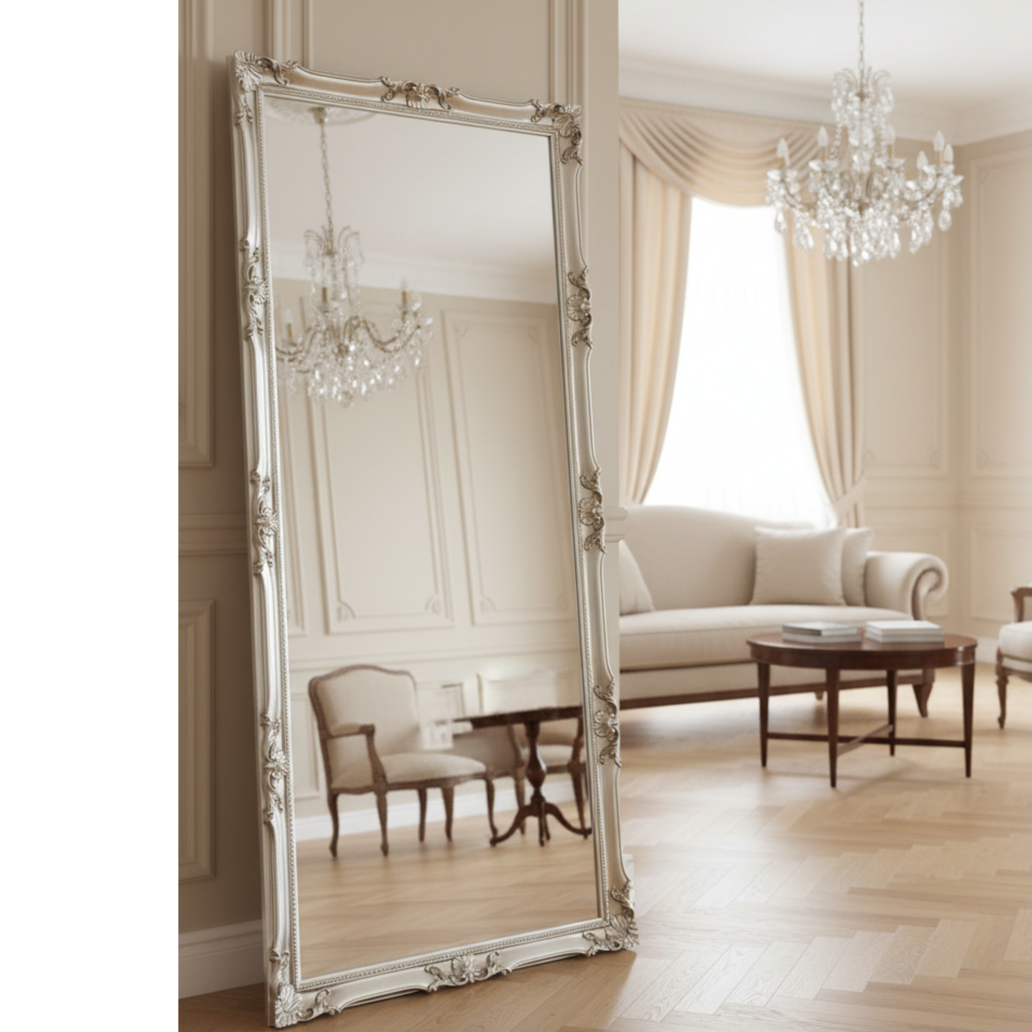Miroir mural baroque MO.WA, grand format, 82 x 182 cm, cadre en bois argenté, fabriqué en Italie