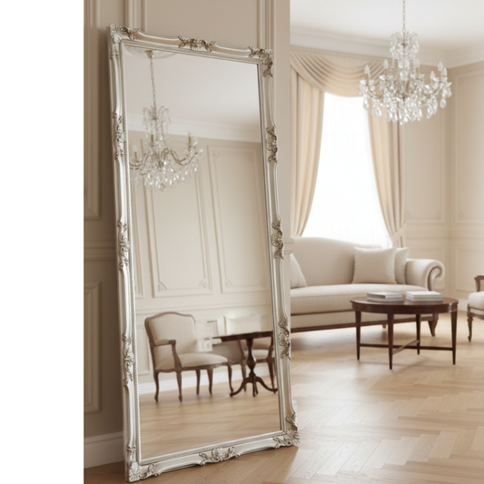 Specchio da parete Grande barocco 82x182 cm, cornice legno foglia argento, made in Italy #5005