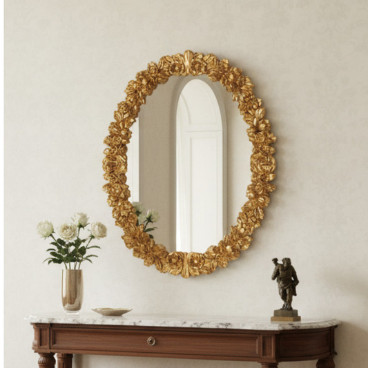 Miroir mural ovale MO.WA, feuille d'or, 74 x 94 cm, fabriqué en Italie, cadre en bois classique