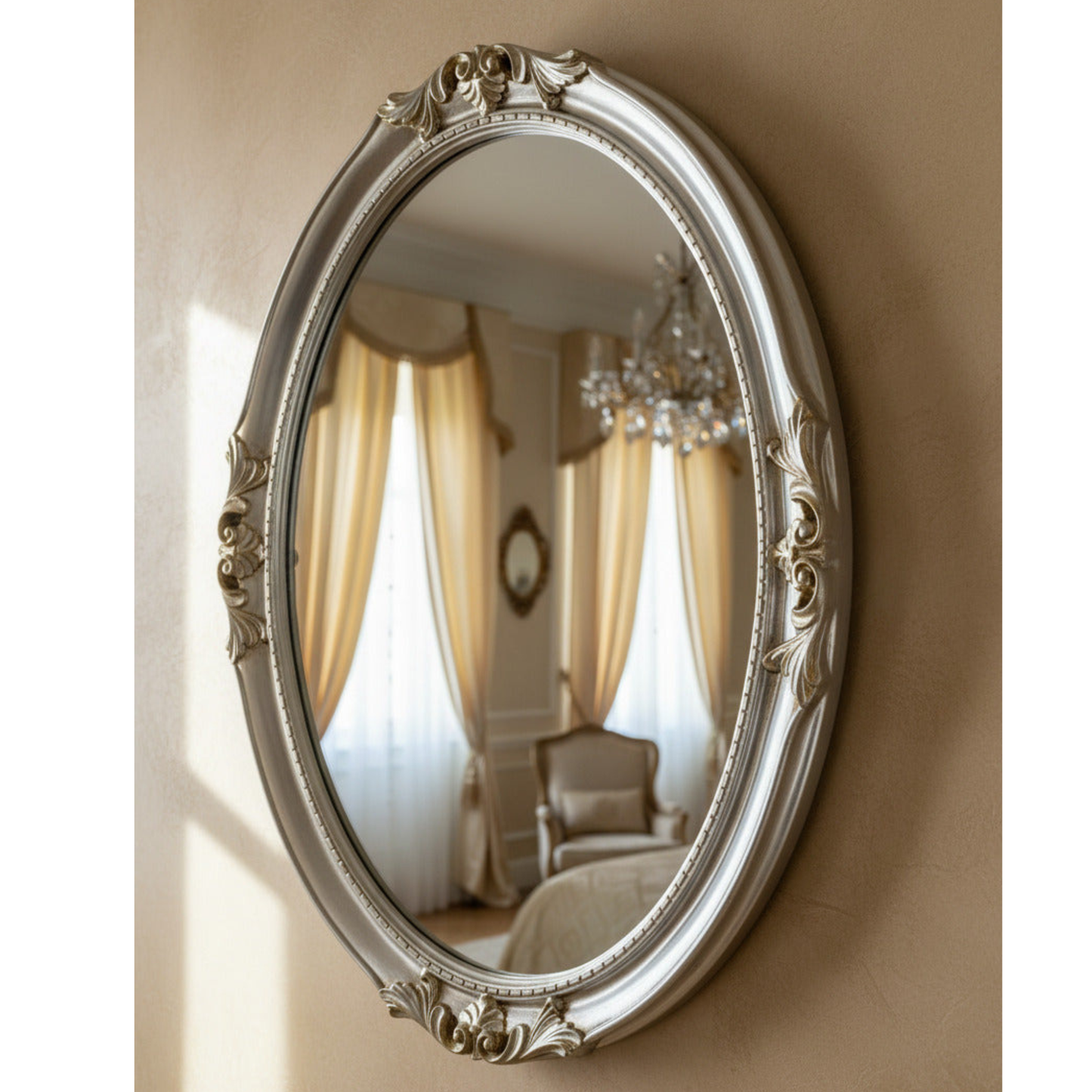 MO.WA Specchio da Parete Ovale 63x83 foglia argento cornice legno Made in Italy