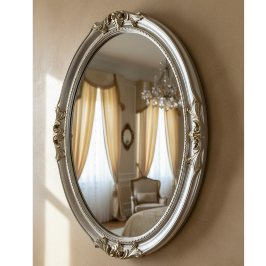 Miroir mural ovale MO.WA 63x83 cm, cadre en bois argenté, fabriqué en Italie