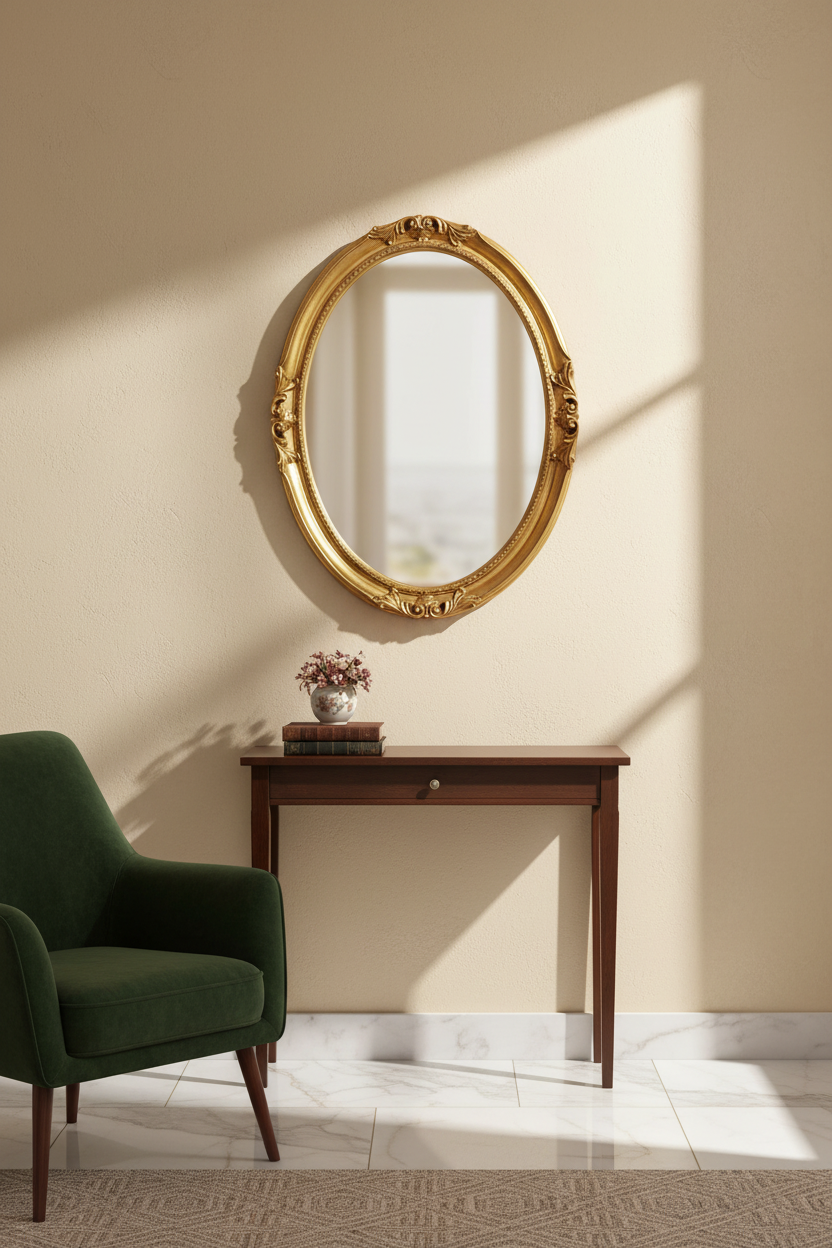 Miroir mural ovale MO.WA, feuille d'or baroque 63 x 83 cm, fabriqué en Italie