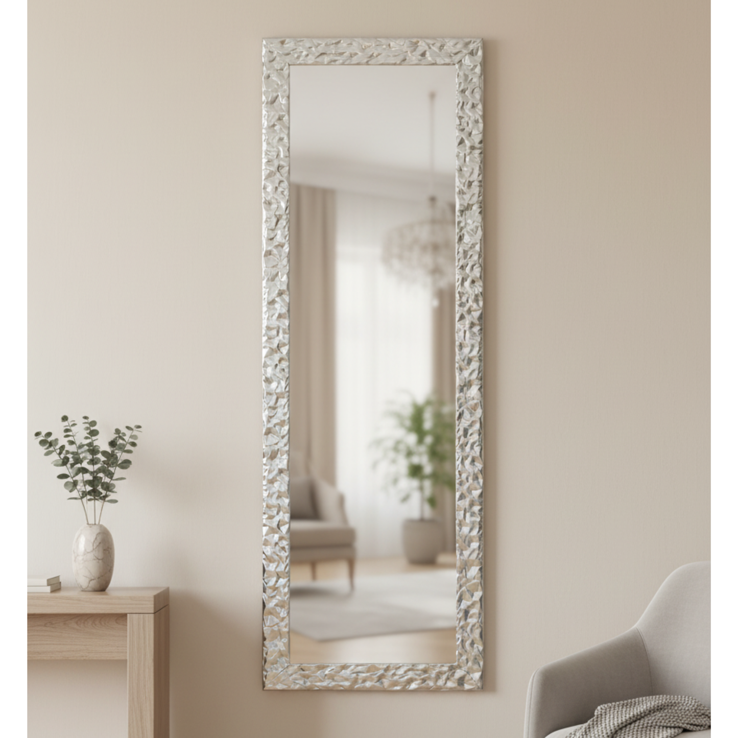 MO.WA Specchio da parete con cornice decorativa Made in Italy specchiera legno argento 46x141 cm per ingresso corridoio camera da letto (Copia)