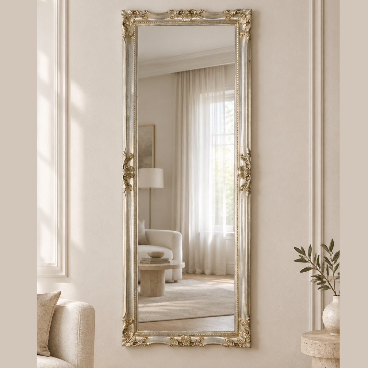 wall mirror silve rleaf wood frame made in Italy 62x142
