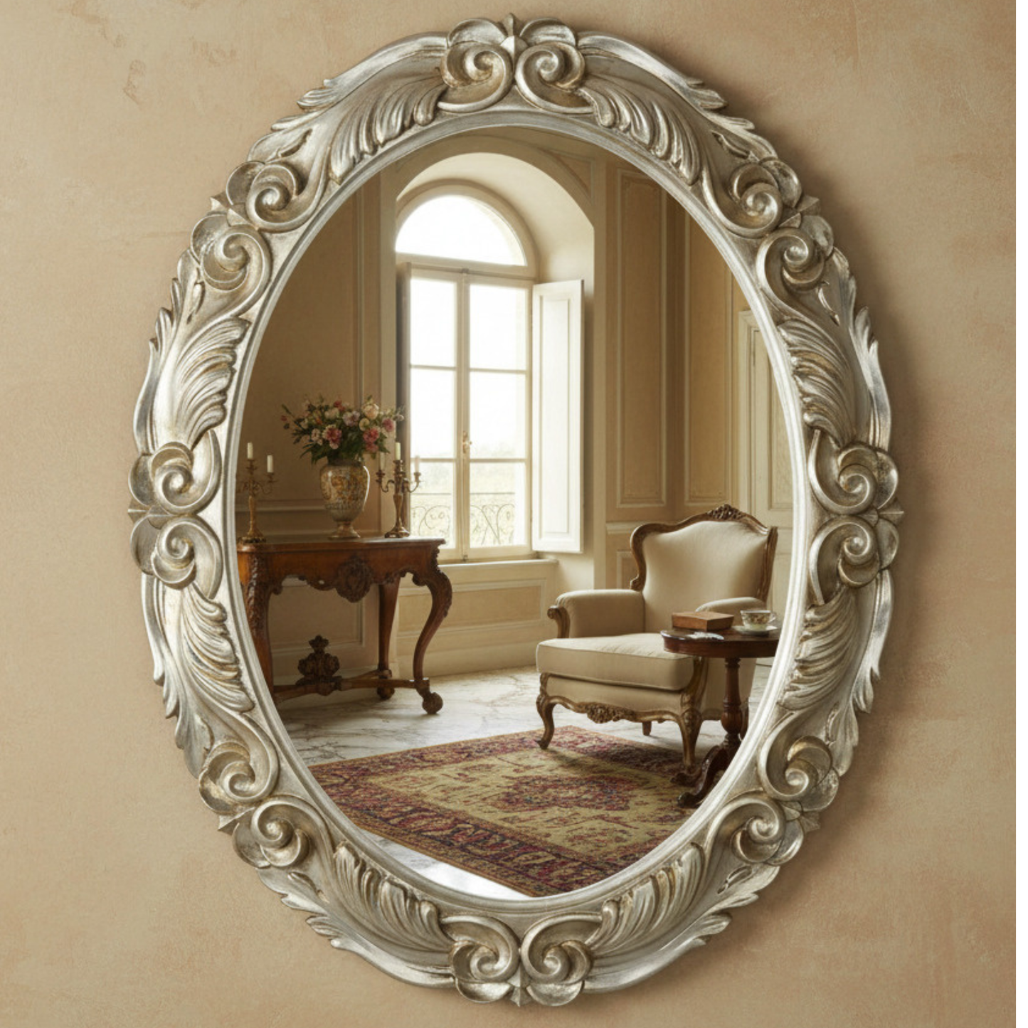 Specchio da Parete Ovale Argento 68x88 cm - Cornice legno Stile Barocco Made in Italy #4012
