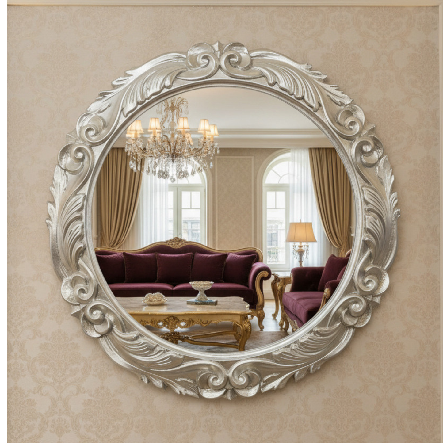 Specchio da Parete Rotondo Argento Ø66 cm - Stile Barocco cornice legno Made in Italy #4012-tondo