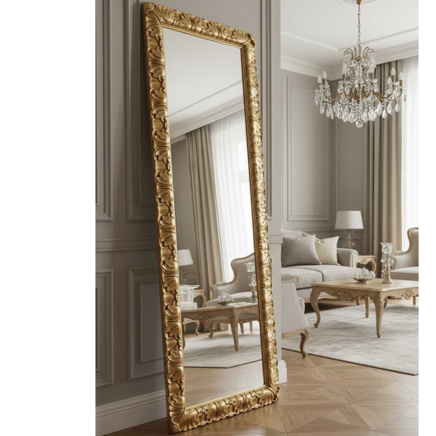 Grand miroir mural doré 68 x 188 cm - Style baroque - Fabriqué en Italie