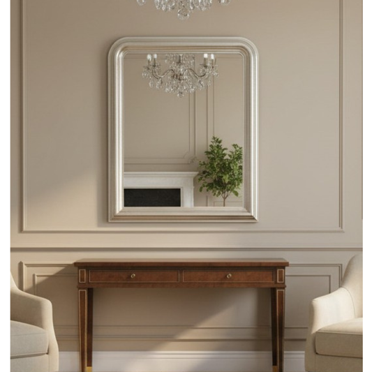 Miroir mural MO.WA grand format, finition feuille d'argent antique et bois classique, 83 x 111 cm, fabriqué en Italie