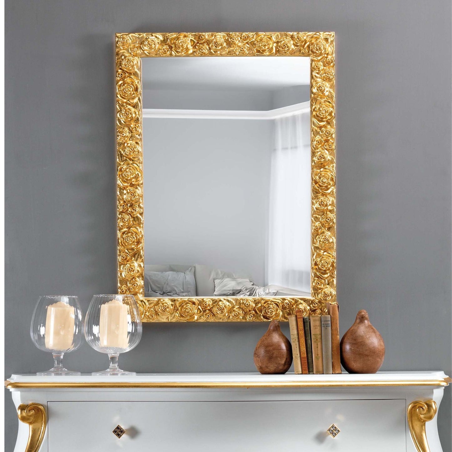 Miroir mural à la feuille d'or 62x82, fabriqué en Italie #-rose