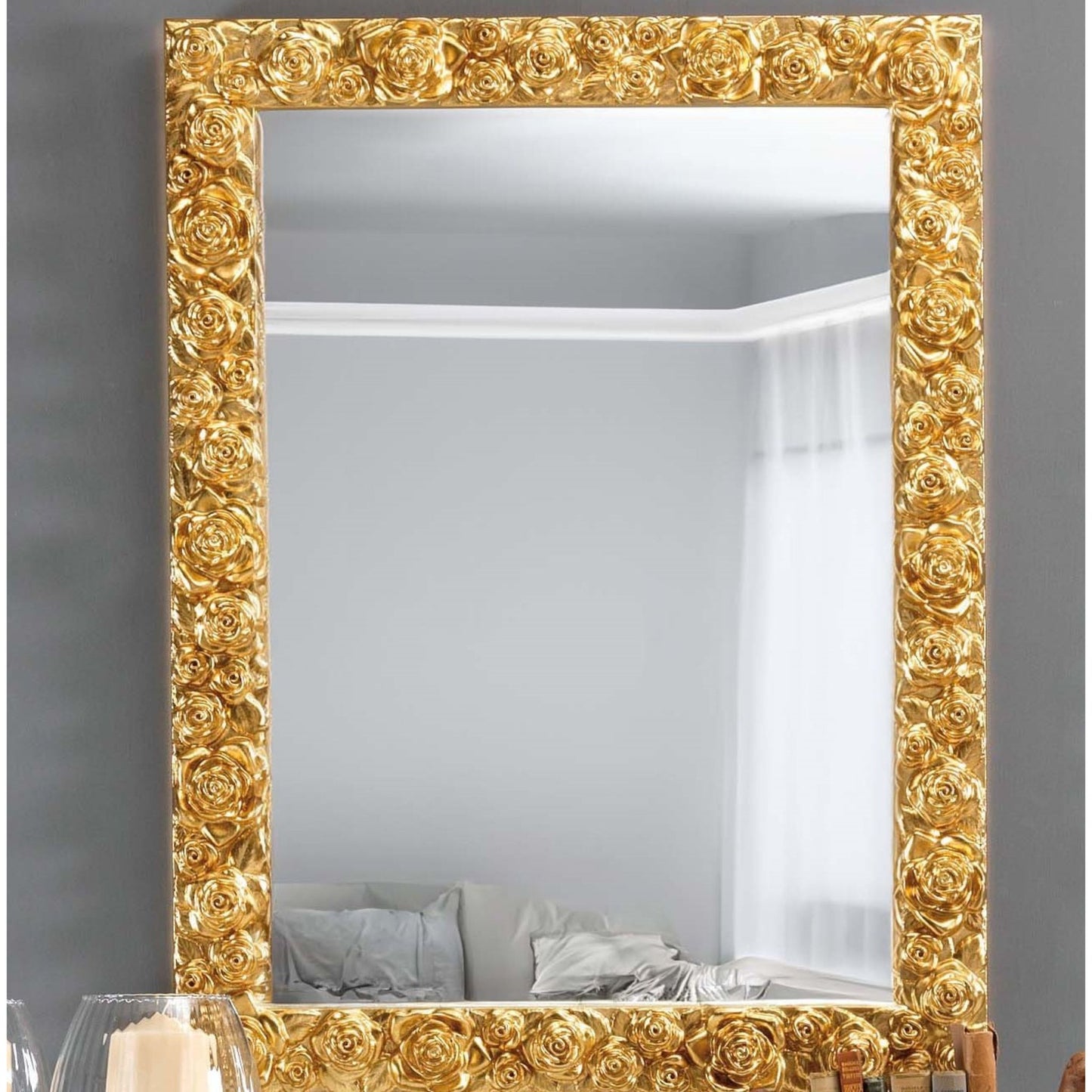 Miroir mural à la feuille d'or 62x82, fabriqué en Italie #-rose