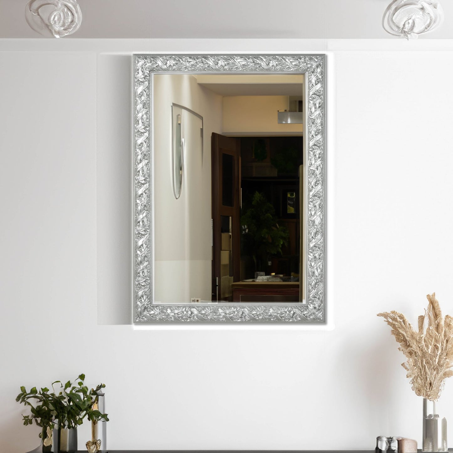 Specchio da parete argento 50x70 cm, Made in Italy, cornice in legno