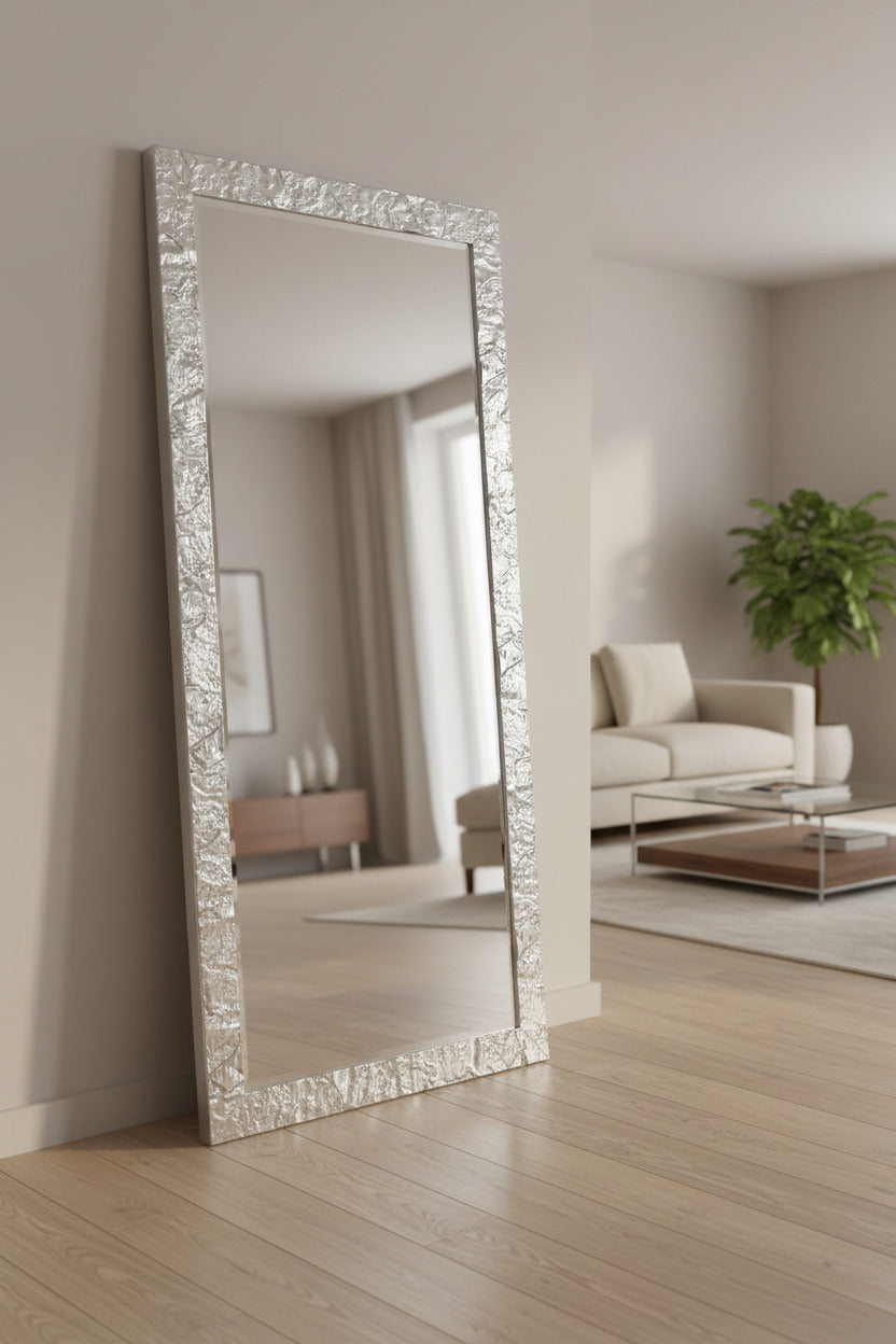 Grand miroir mural 75 x 175 cm, feuille d'argent, fabriqué en Italie
