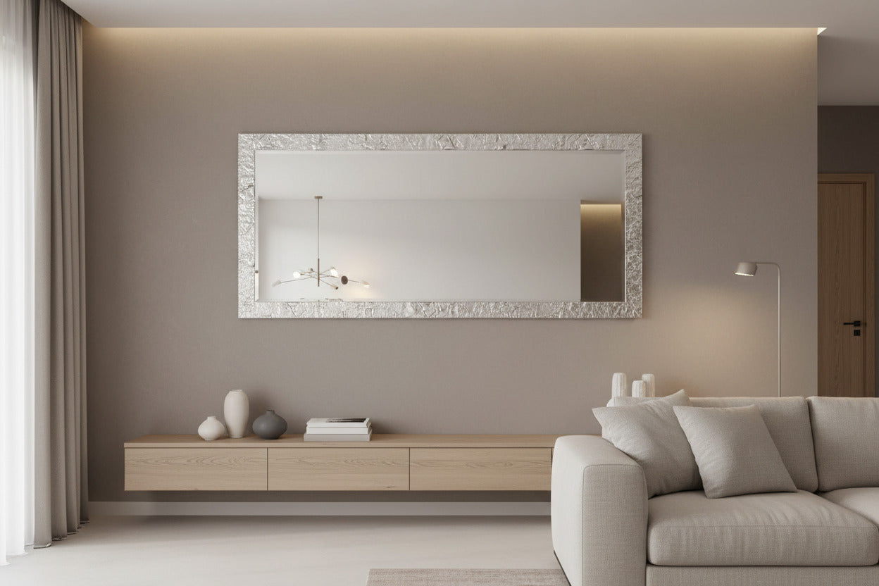 Grand miroir mural 75 x 175 cm, feuille d'argent, fabriqué en Italie
