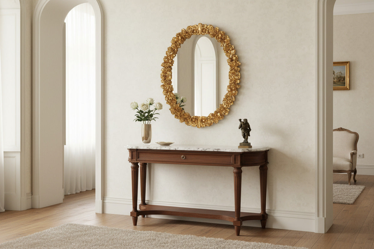 Miroir mural ovale MO.WA, feuille d'or, 74 x 94 cm, fabriqué en Italie, cadre en bois classique